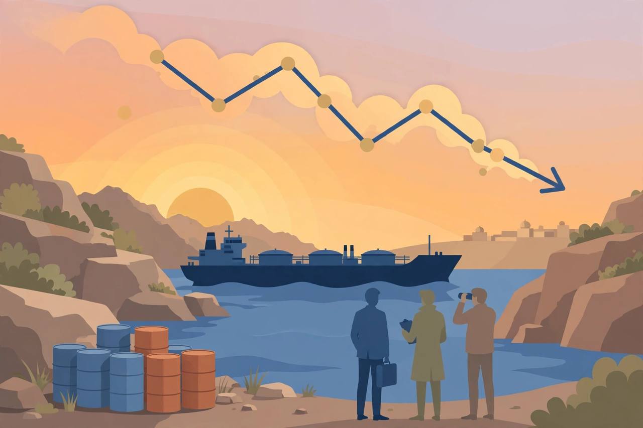 An oil tanker in a strait at sunset with barrels and a downward price shape (editorial illustration)