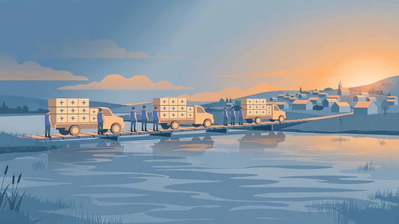 Editorial illustration of aid trucks carrying food and medicine boxes crossing a river toward a small town at dawn