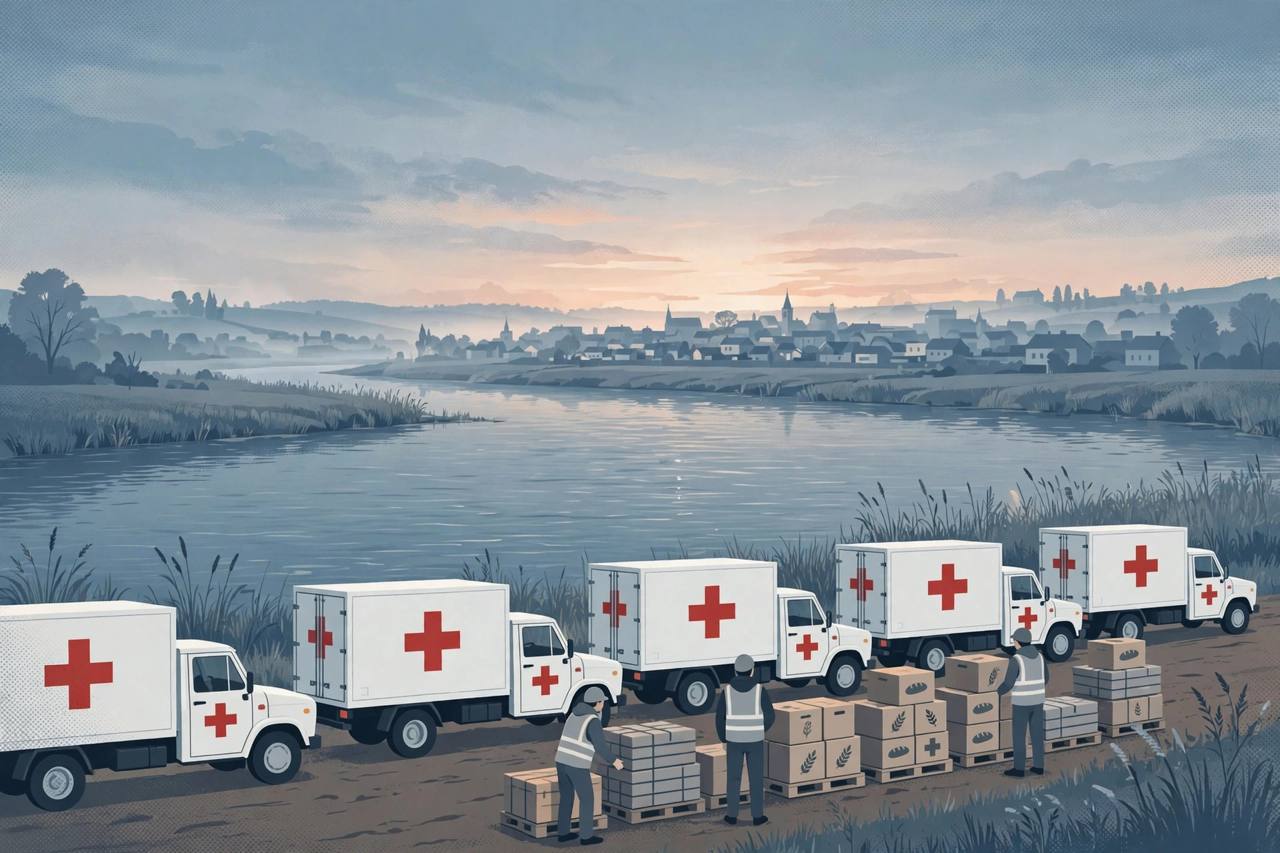 A humanitarian aid convoy waits at a river crossing near a frontline town at dawn (editorial illustration)