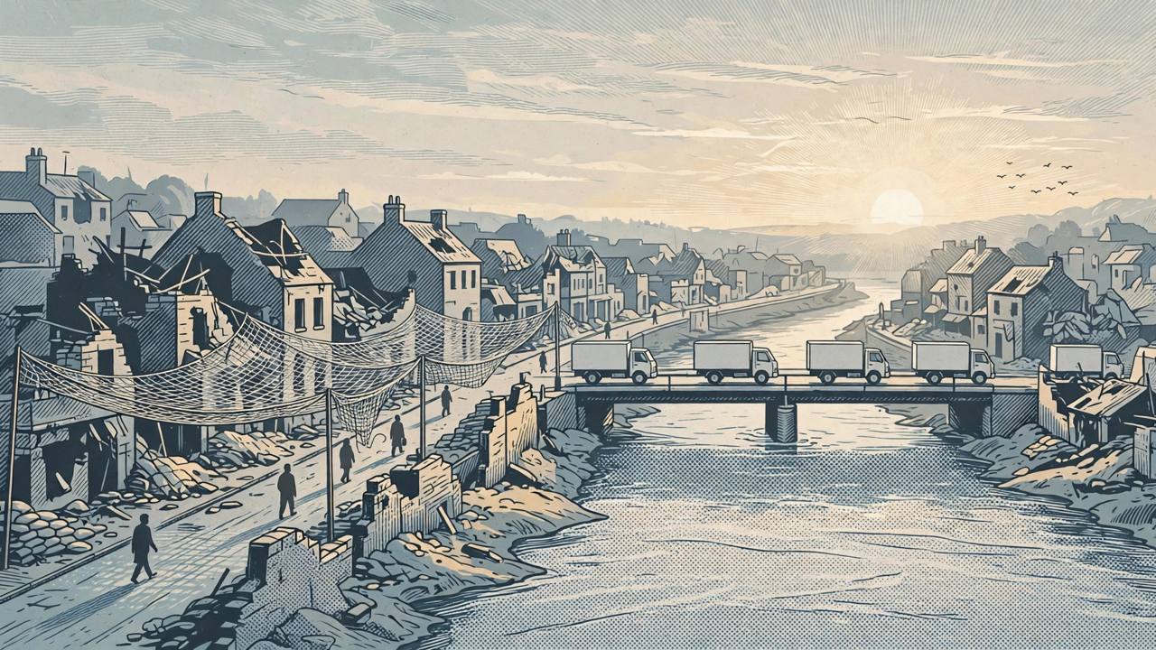 Editorial illustration of a humanitarian aid convoy crossing a bridge toward a quiet riverside town with anti-drone nets over a street at dawn