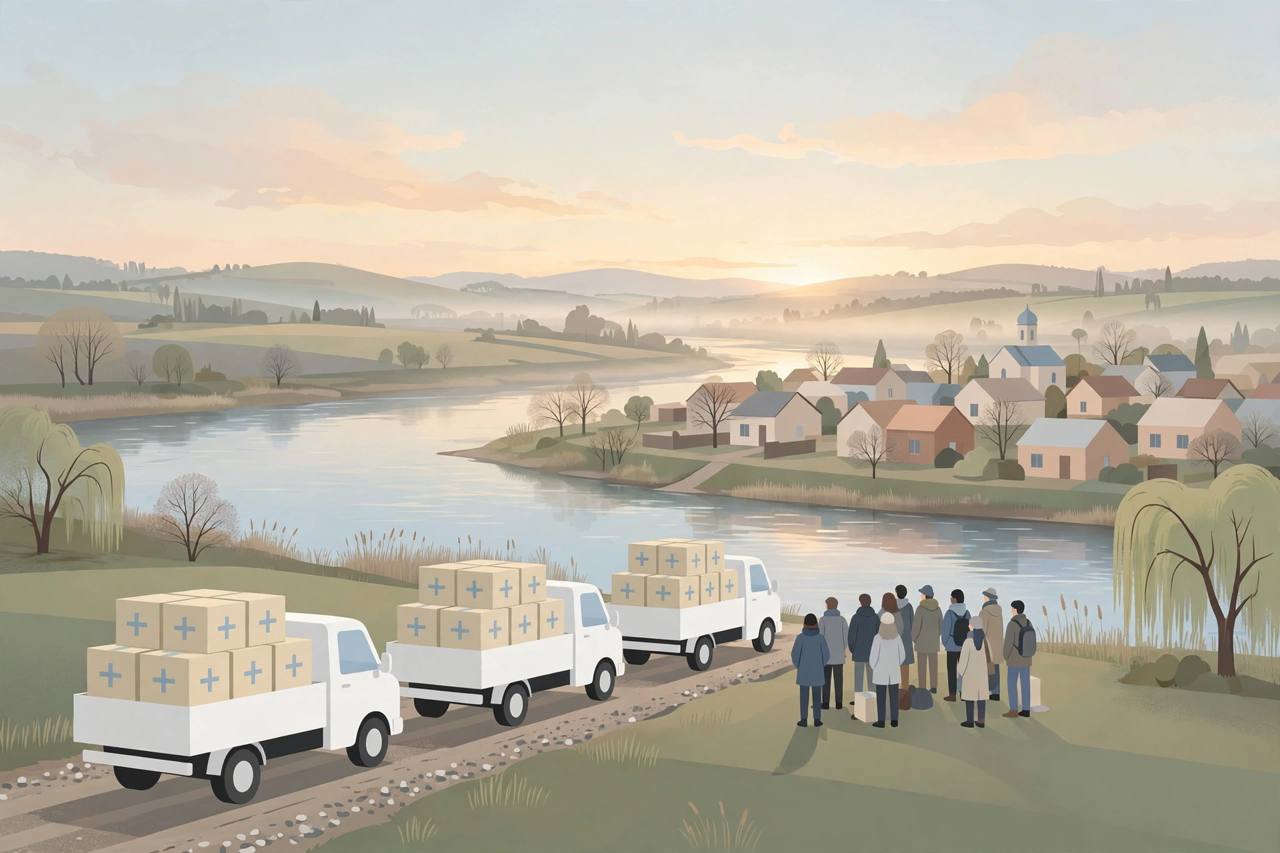 Editorial illustration of a humanitarian aid convoy approaching a riverside town in southern Ukraine at dawn, with civilians waiting peacefully