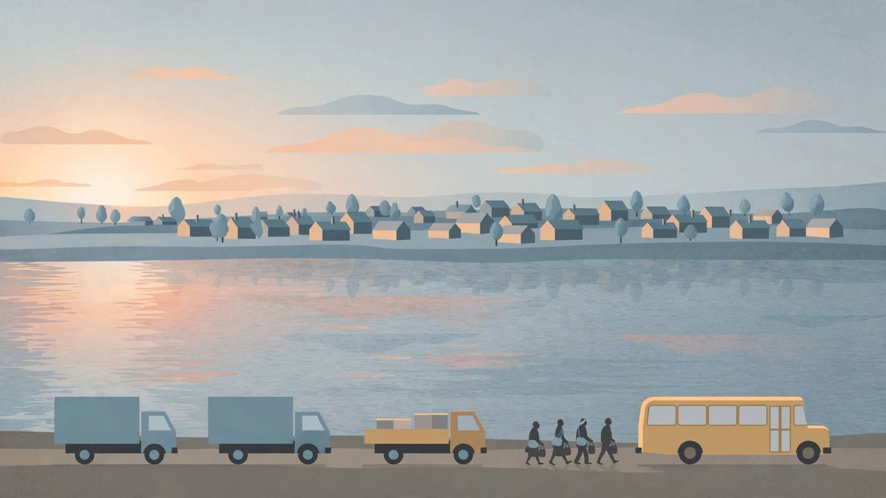 Editorial illustration of a riverside town across a wide river at dawn with an aid convoy and an evacuation bus — flat style, generic silhouettes only, no real person depicted