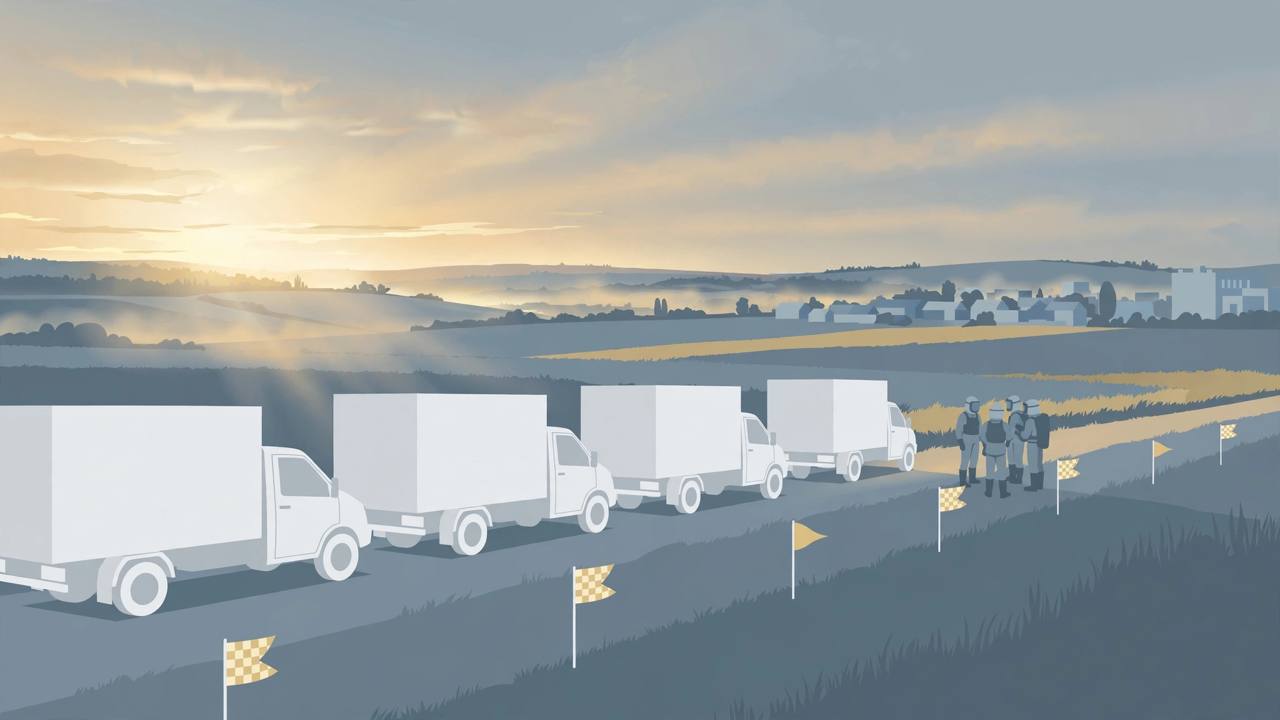 Editorial illustration of a humanitarian aid convoy of white trucks on a demined rural road marked with clearance flags, a demining team standing nearby and a small town in the distance at dawn