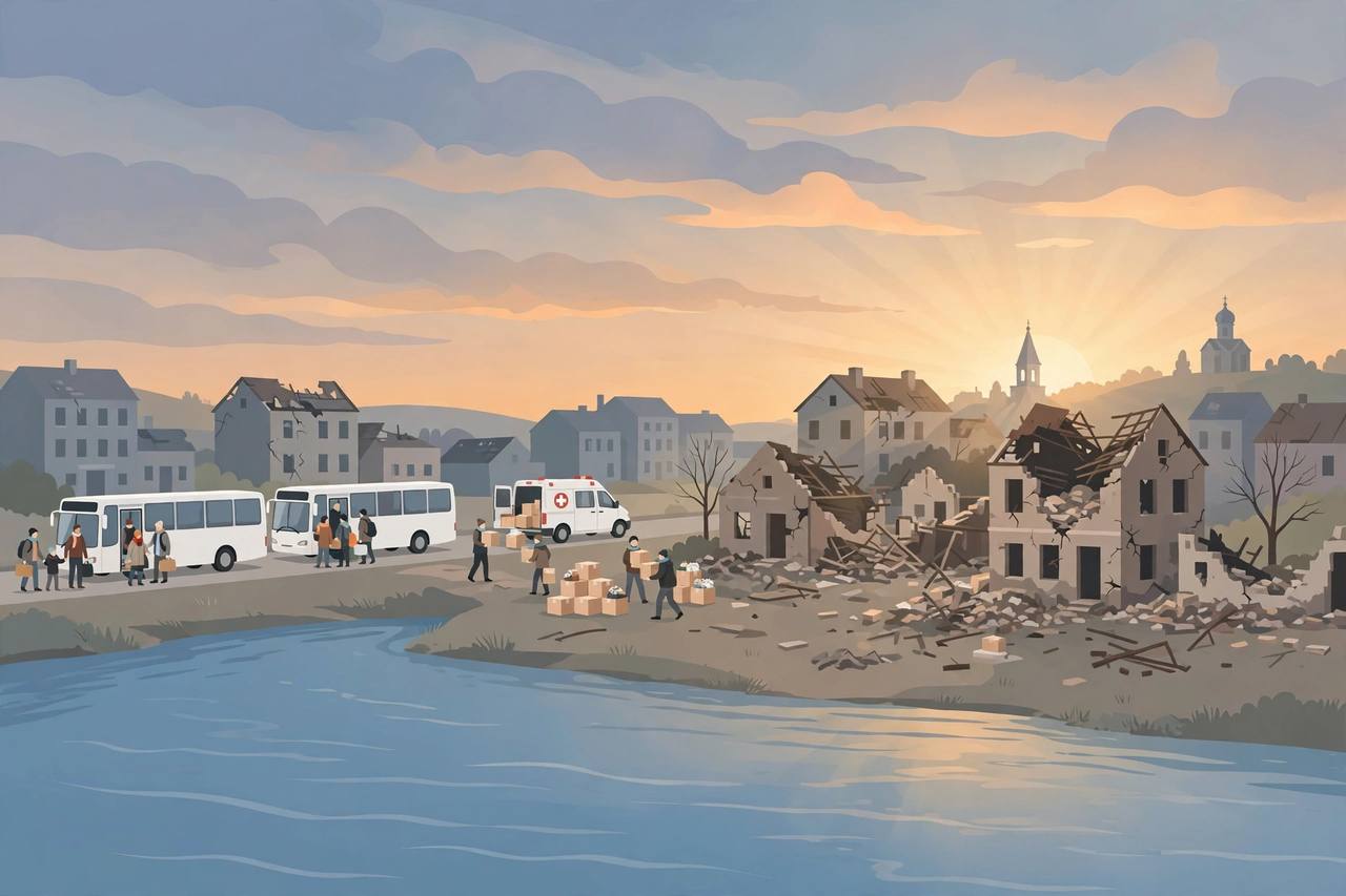 Generic evacuees board humanitarian buses beside a wide river at dusk. (Editorial illustration)