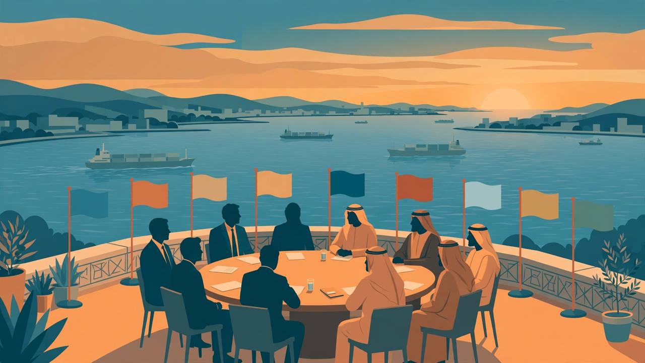 Editorial illustration of Gulf diplomats seated at a round table overlooking the Strait of Hormuz with cargo ships passing at dusk