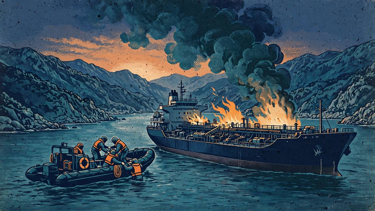 A rescue boat approaches a burning tanker in a narrow strait. (Editorial illustration)