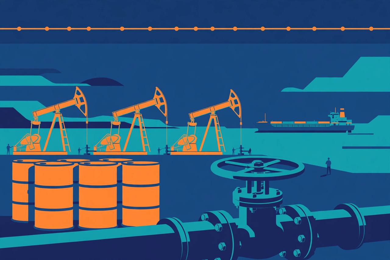 Editorial illustration of oil barrels, a pipeline valve, pumpjacks and a tanker, with a steady flat chart line