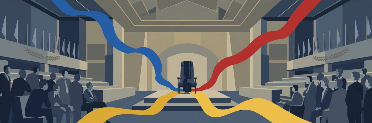 Editorial illustration of a UN-style assembly hall with an empty secretary-general chair and three ribbons converging toward it