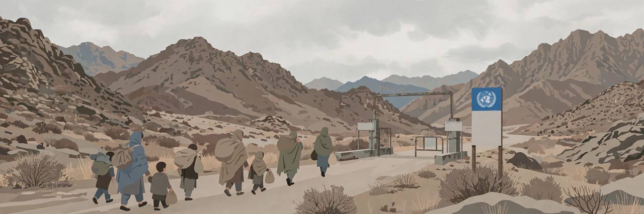 Editorial illustration of generic Afghan families walking toward a border crossing in an arid mountain landscape, generic figures only
