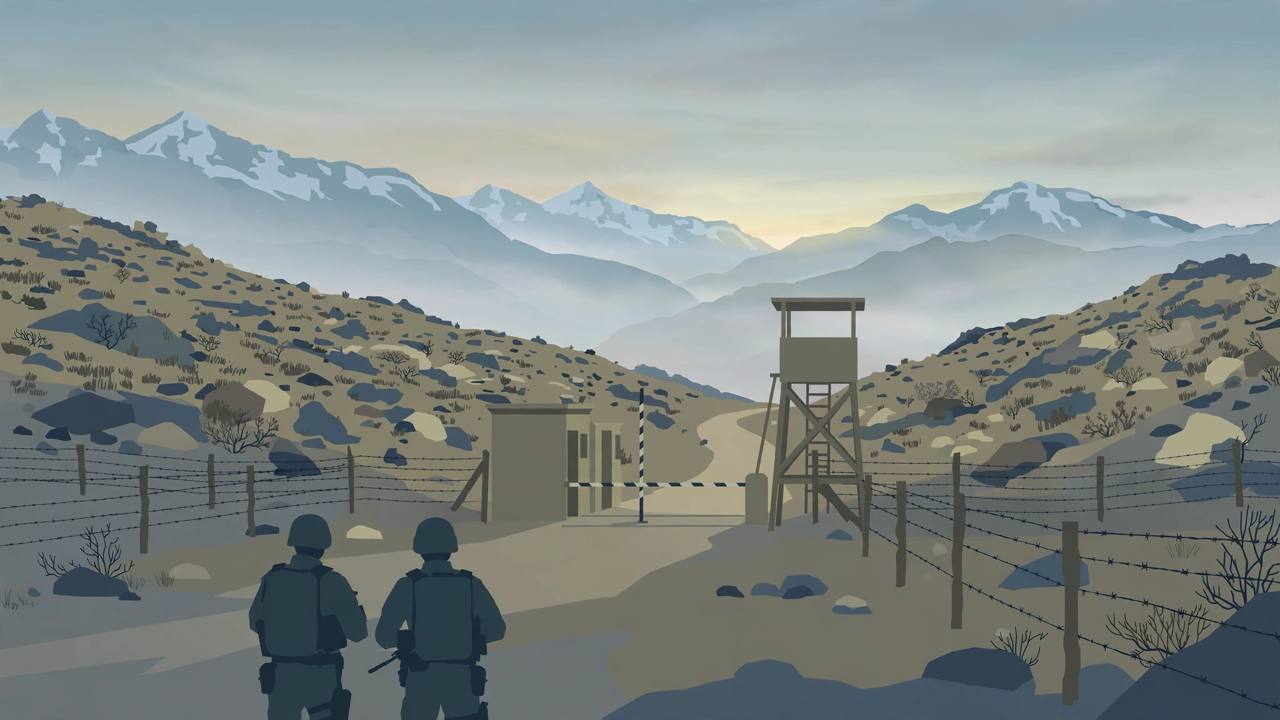 Editorial illustration of a remote mountain border checkpoint between Pakistan and Afghanistan at dawn, with generic soldiers on guard