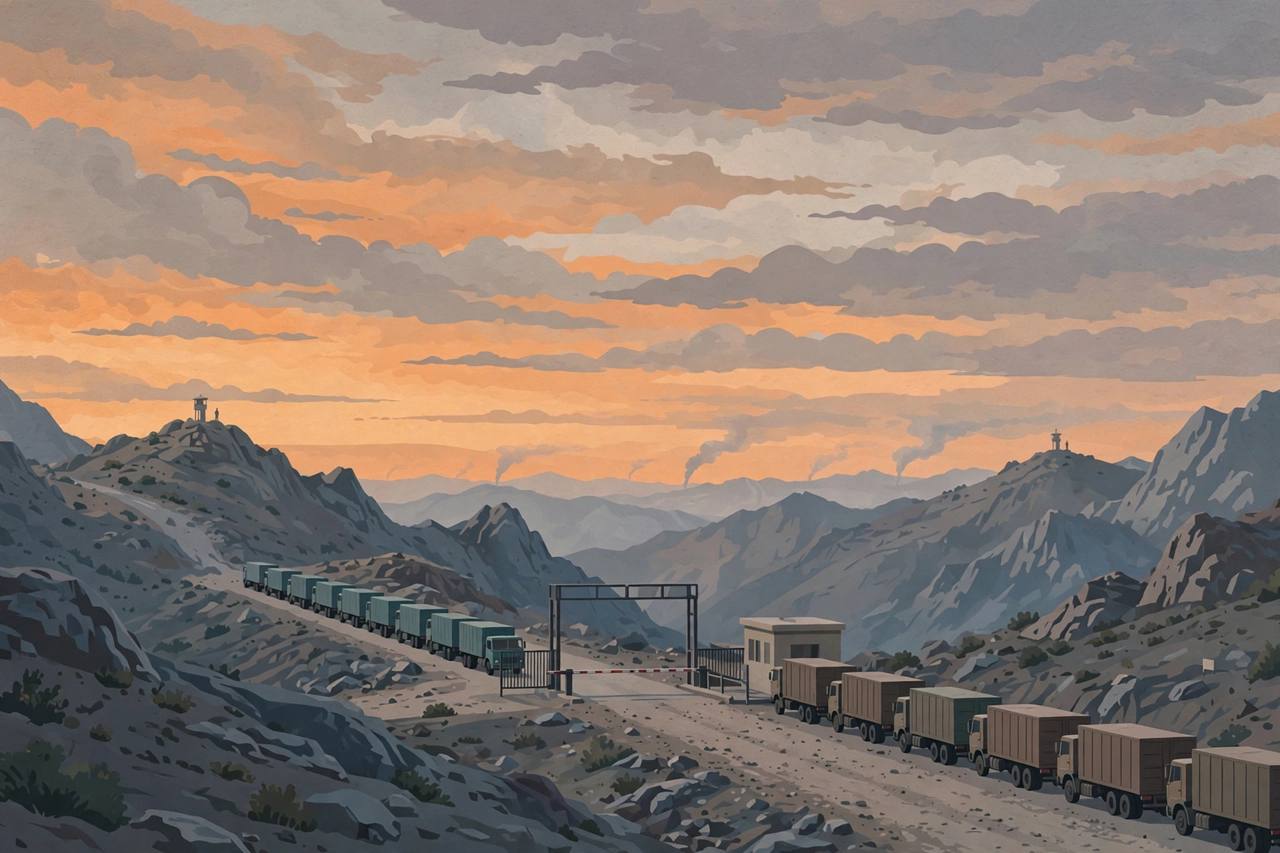 Editorial illustration of a closed mountain border crossing with a shut gate, idle freight trucks waiting on both sides and thin smoke on the distant horizon at dusk