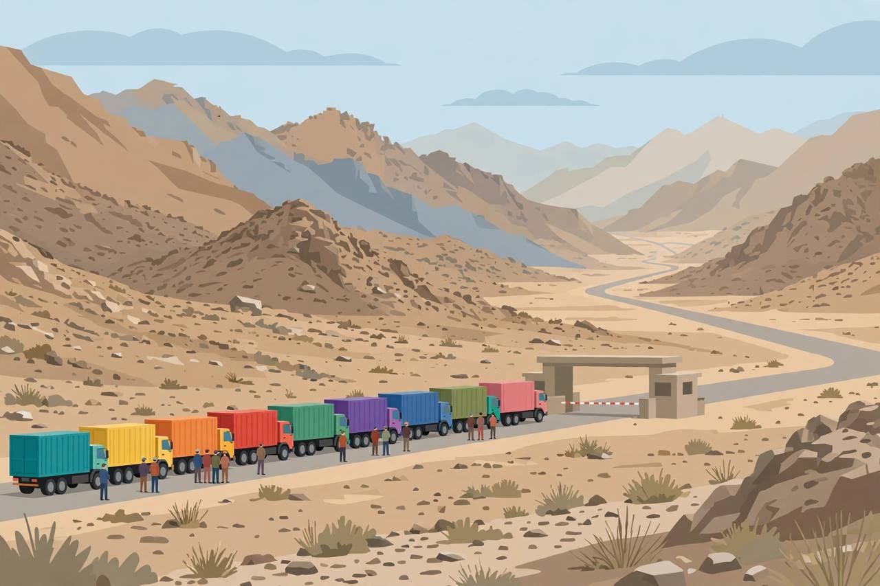 Editorial illustration of cargo trucks stopped at a closed mountain border crossing between Pakistan and Afghanistan