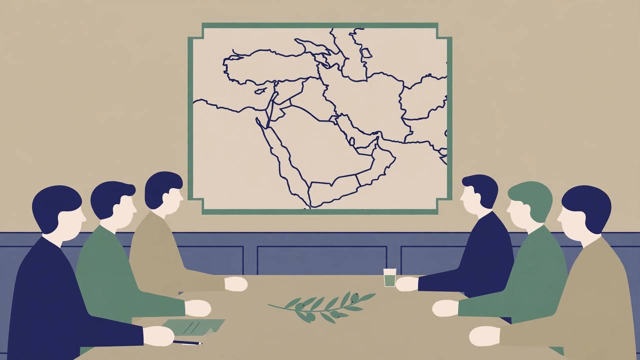 Generic delegates at a mediation table with a Middle East map behind them. (Editorial illustration)