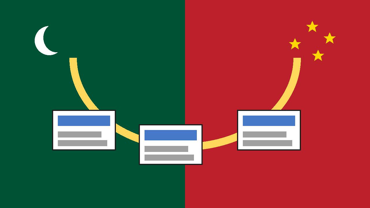 Editorial illustration of two national colour panels joined by a golden bridge with media screens