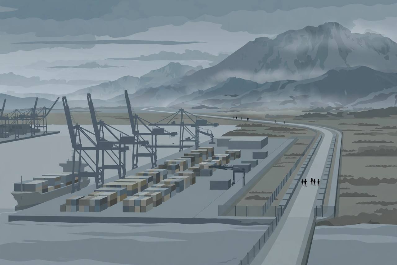 Editorial illustration of a stylised deep-water port with cranes and a corridor road toward mountains, generic figures only, no attack depicted