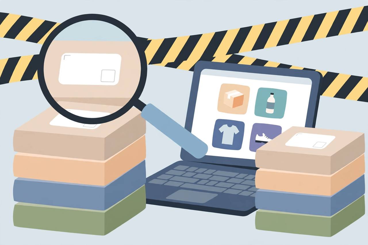 Editorial illustration of mail parcels with blank postage labels, a magnifying glass over a shipping label and a laptop