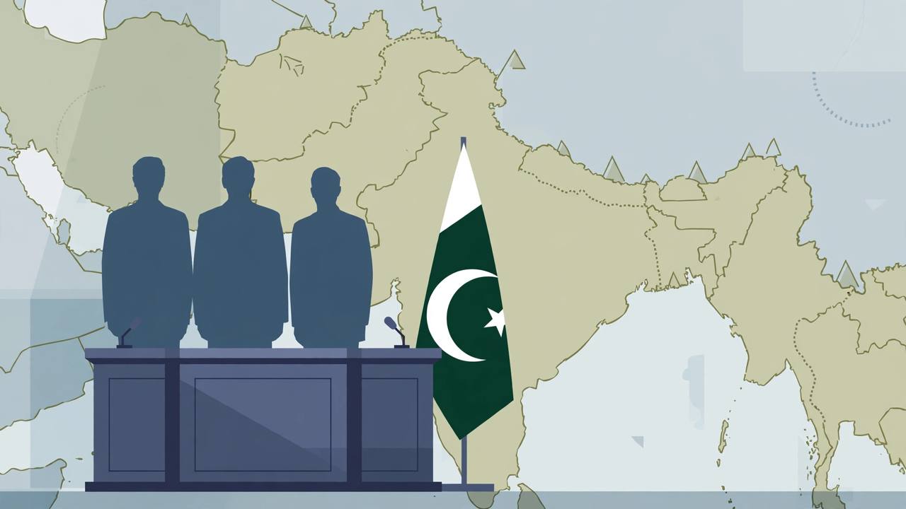 Editorial illustration of a government press briefing podium with a Pakistan flag and a border-region map