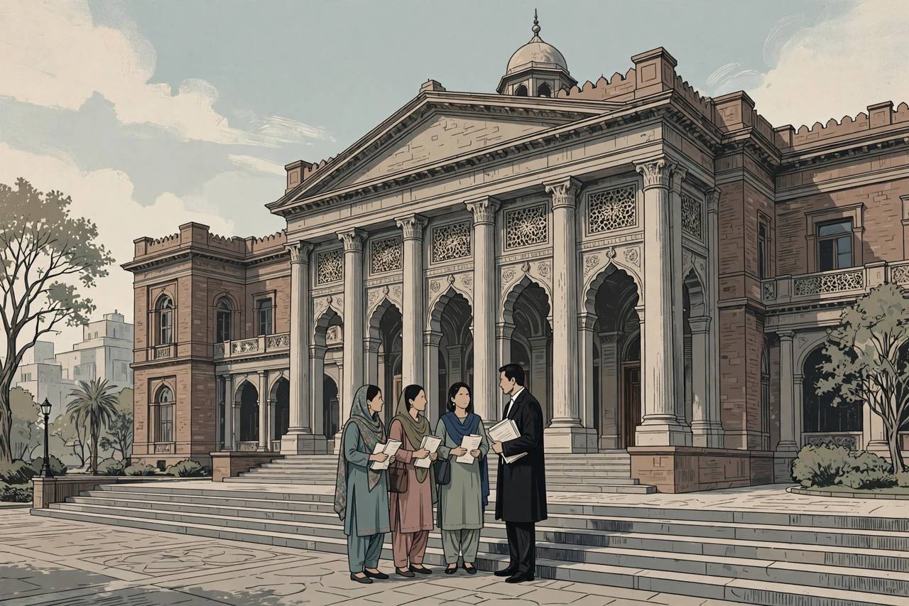 Editorial illustration of a courthouse in Lahore with three generic women holding legal papers talking to a lawyer on the steps