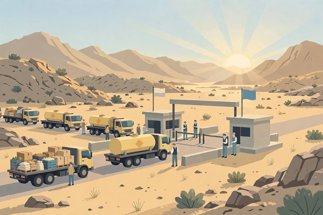 Editorial illustration of a desert border crossing with cargo trucks and LPG tankers waiting to cross between Pakistan and Iran