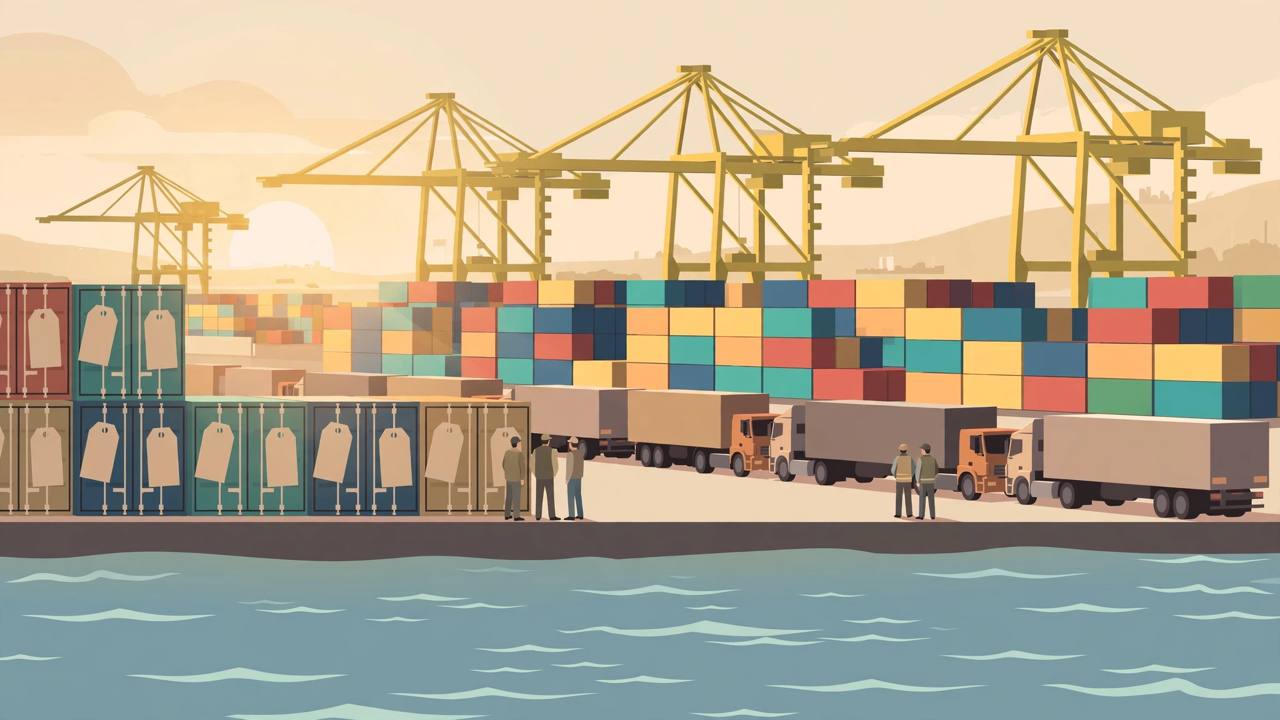 Editorial illustration of a container port with cranes, stacked shipping containers and waiting trucks