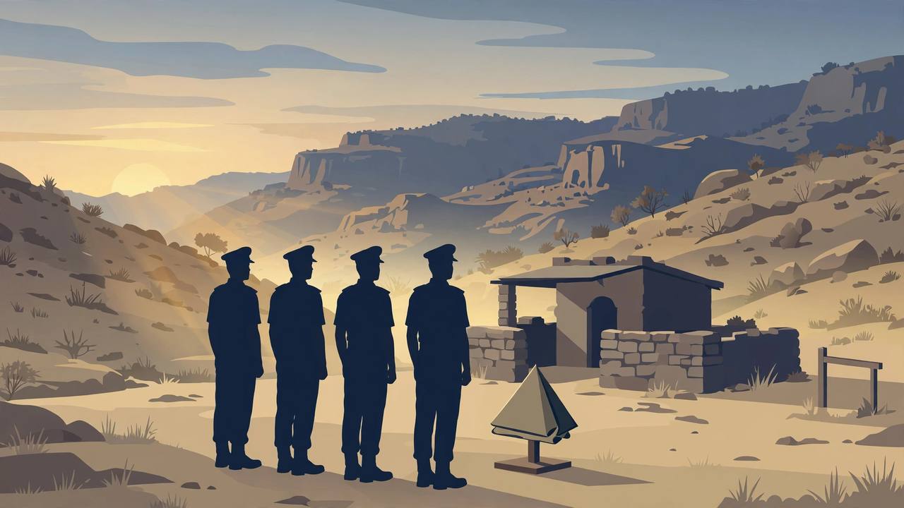 Editorial illustration of four police officers in silhouette at dawn before a small rural checkpoint in dry rocky hills, respectful flat style, no violence depicted, no real person shown