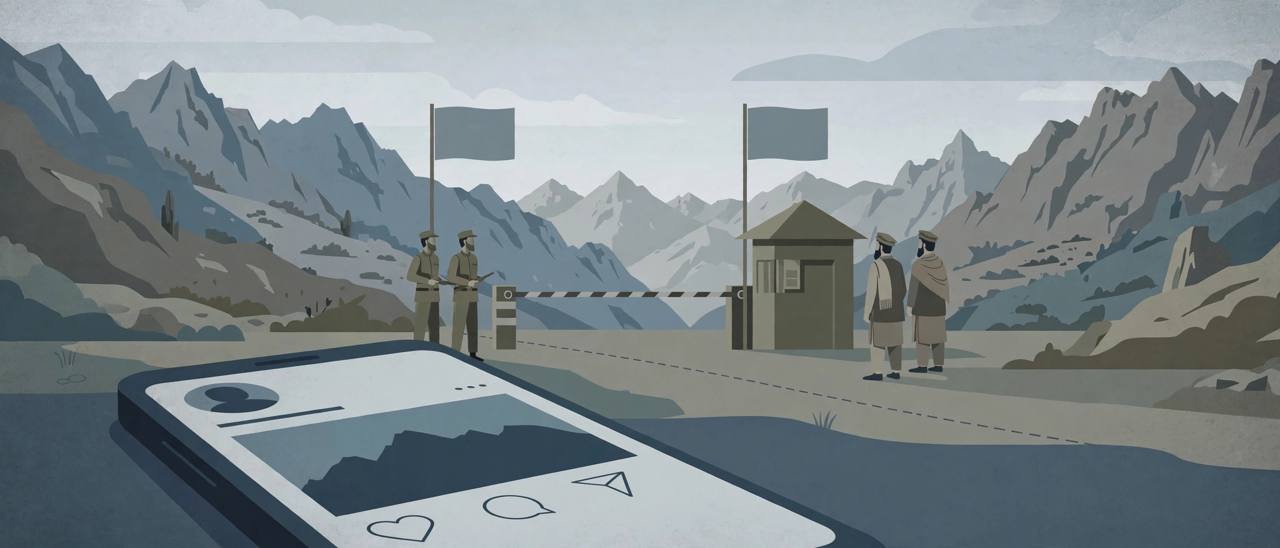 Editorial illustration of a stylised Pakistan-Afghanistan mountain border crossing with a checkpoint and a smartphone showing a generic social-media post, generic figures only
