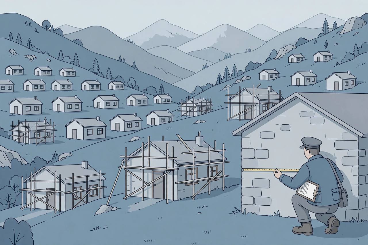 Editorial illustration of an inspector checking a school wall, with scaffolding on buildings marked for repair