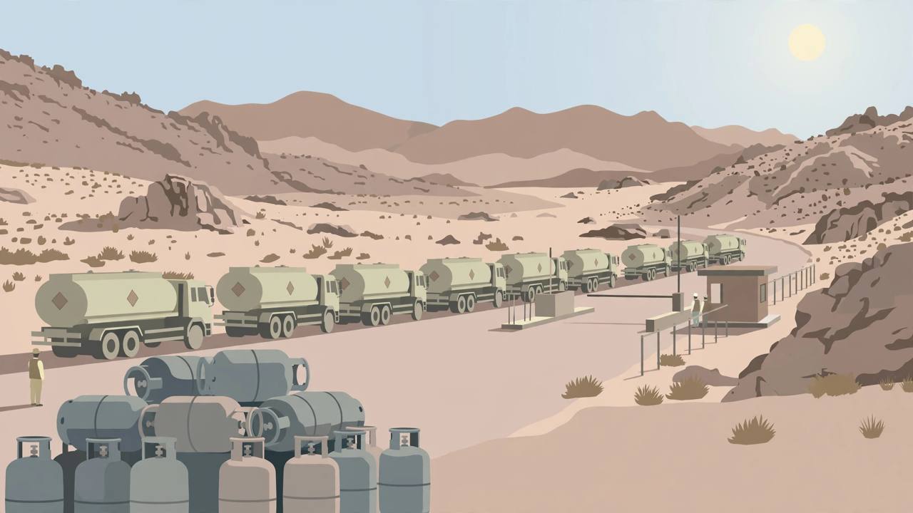 Editorial illustration of LPG tanker trucks stranded at a closed mountain border crossing with cooking gas cylinders in the foreground — flat style, no real person depicted