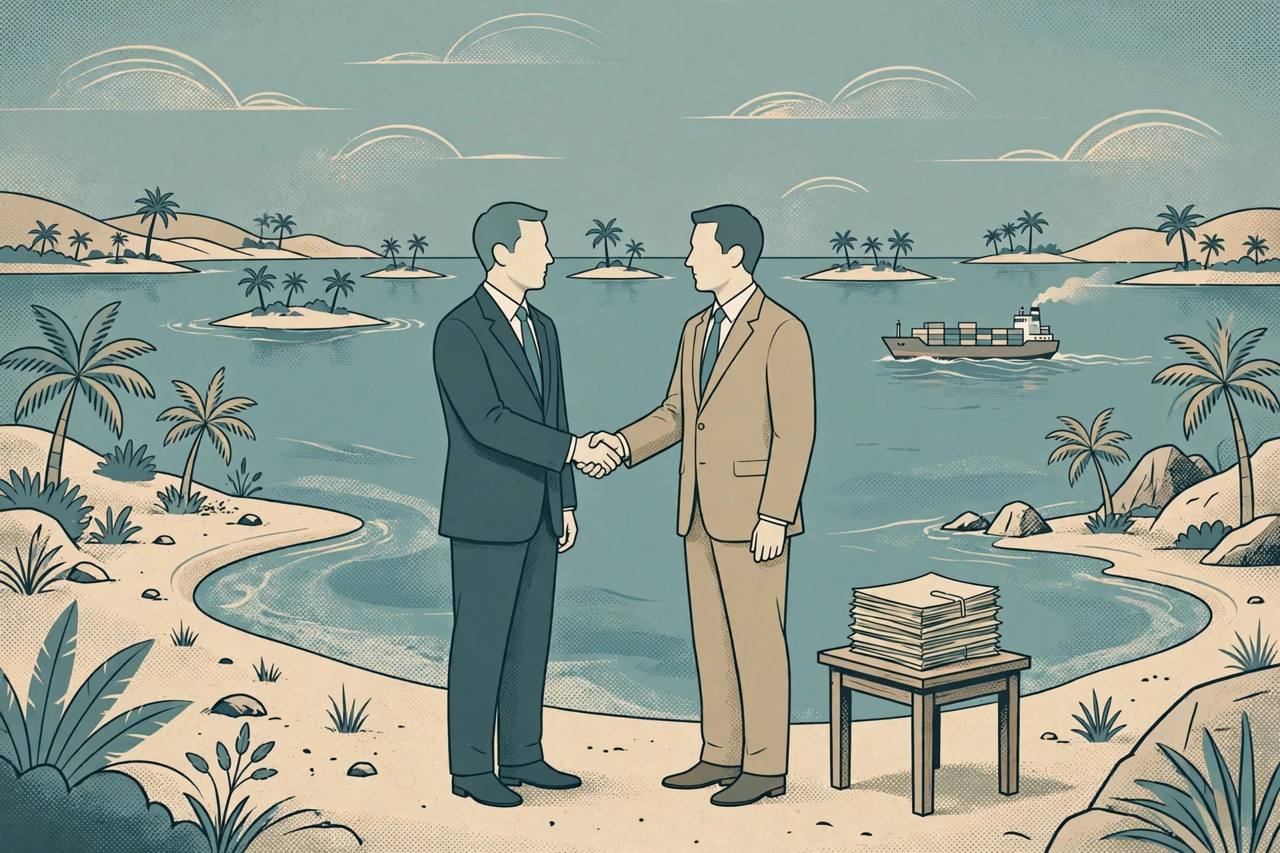 Editorial illustration of two generic diplomats shaking hands on a stylised Indian Ocean island coastline with a cargo ship in the background — flat style, no real person depicted