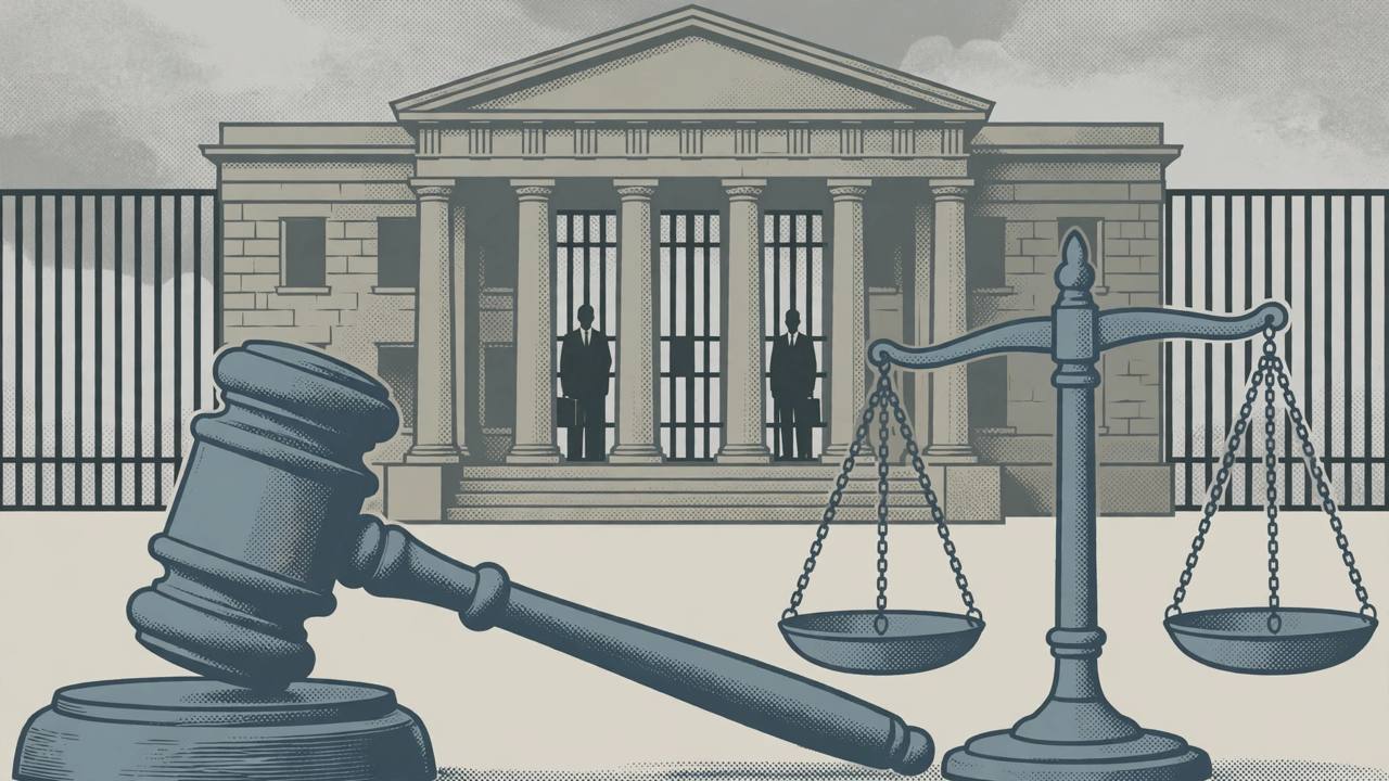 Editorial illustration of a courthouse, gavel and scales of justice with generic silhouetted lawyer figures outside iron bars