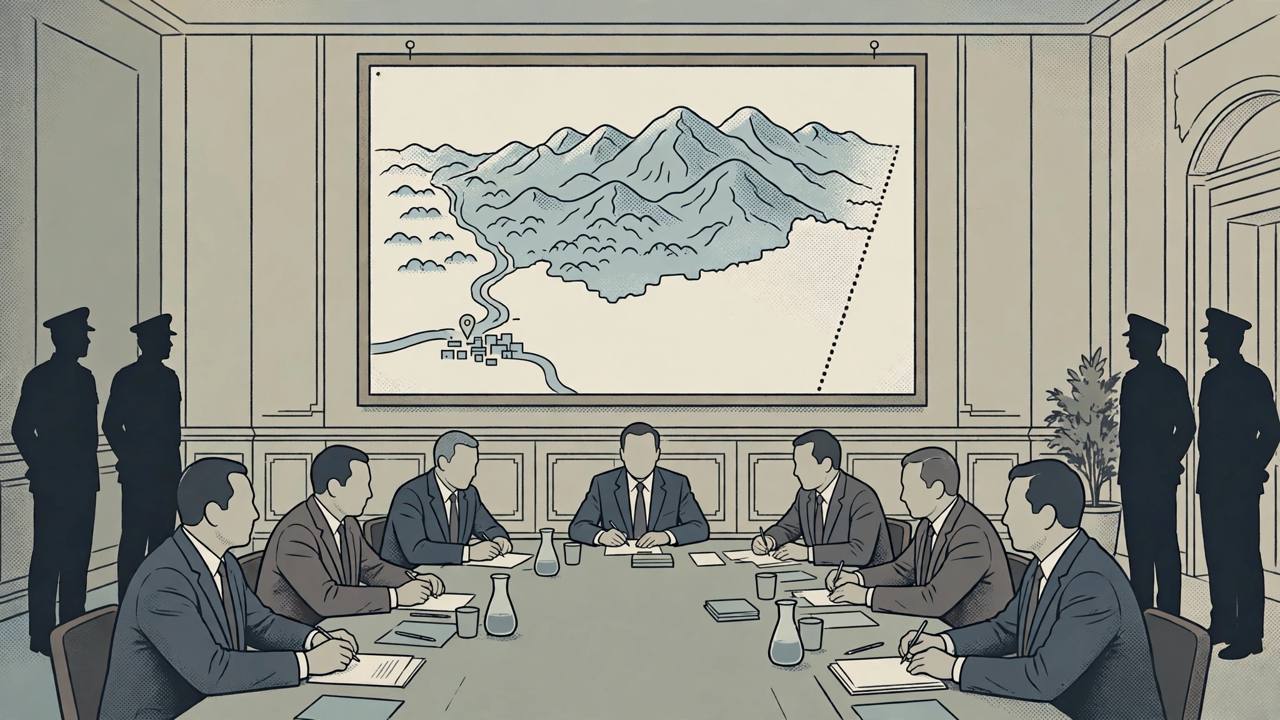 Editorial illustration of generic officials seated around a long conference table with a stylised mountainous border map on the wall — flat style, no real person depicted