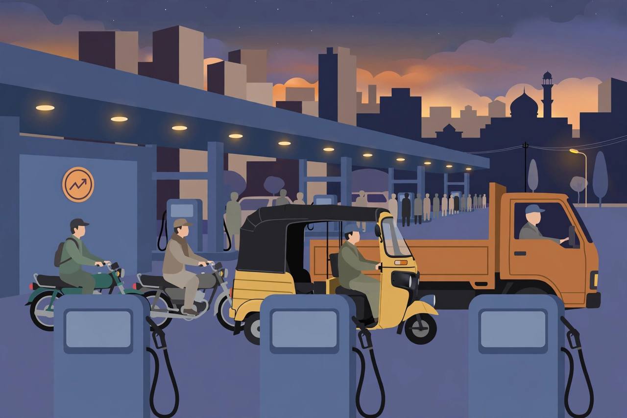 Petrol station queue with generic motorcyclists, a rickshaw and a truck at dusk (Editorial illustration)