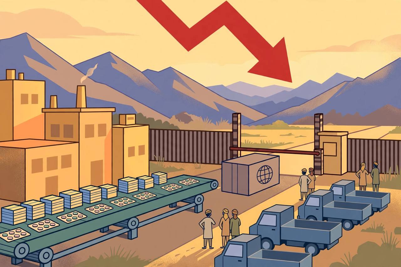 Editorial illustration of a medicine factory with blister packs on a conveyor, idle trucks and an export crate stopped at a closed border gate under a large downward red arrow — no real person depicted