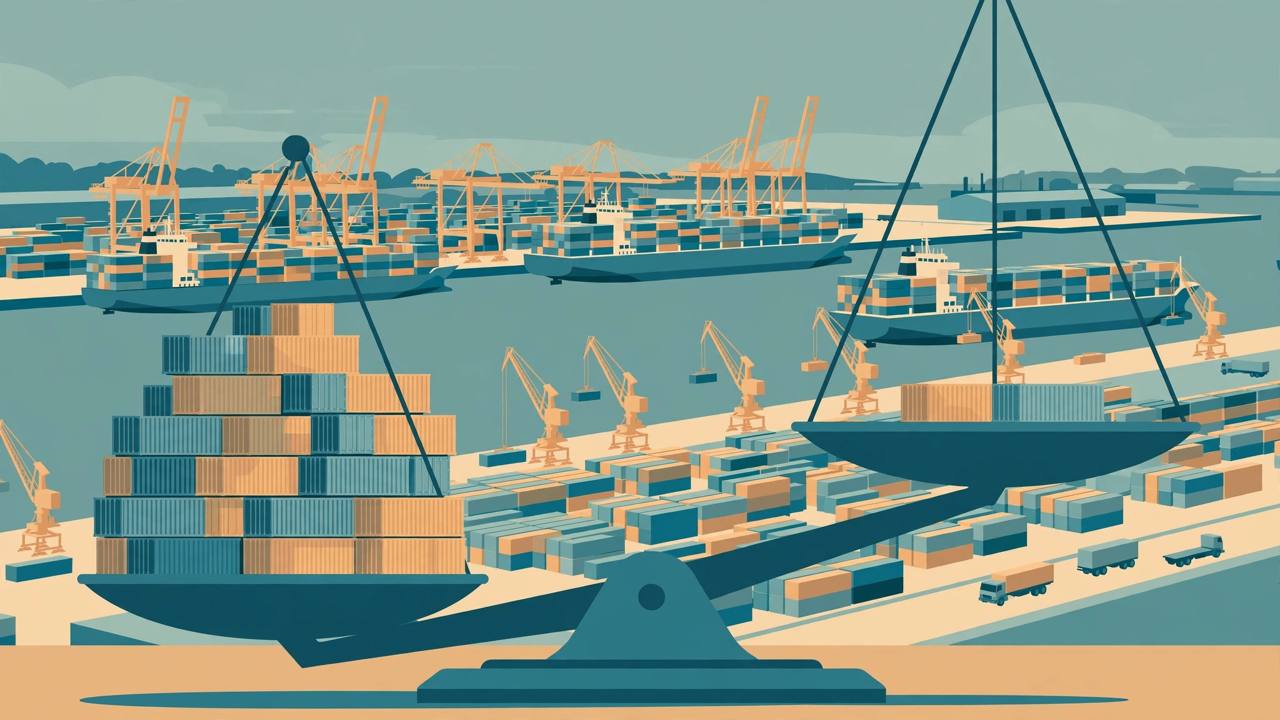 Editorial illustration of a cargo port with container ships and a balance scale tipped heavily by stacked containers
