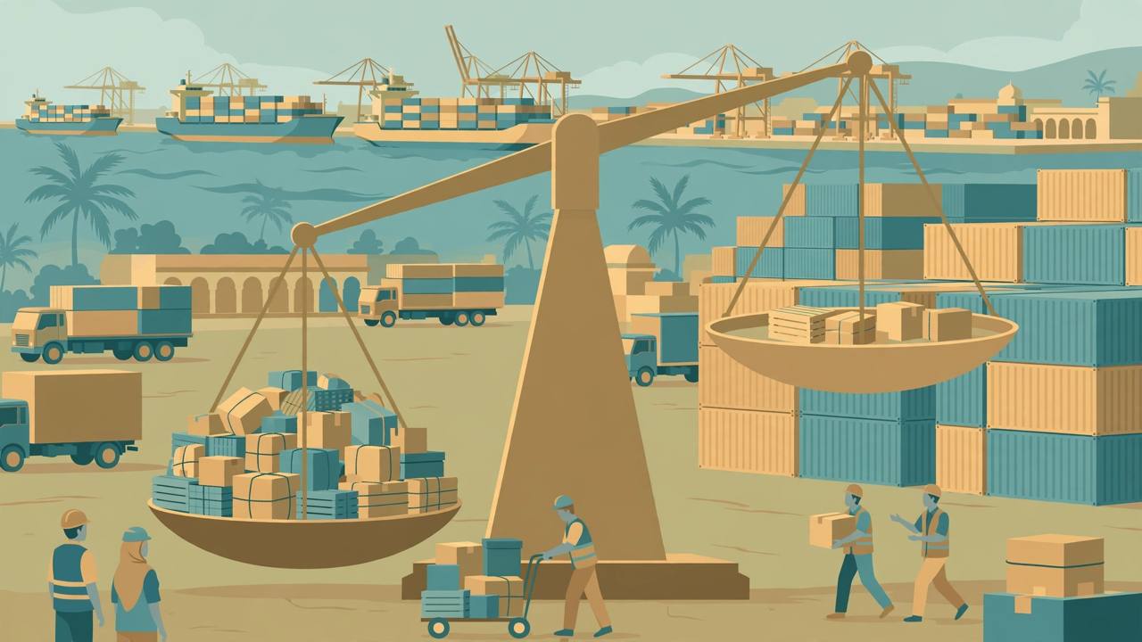 Editorial illustration of a generic South Asian port with container ships, stacked containers, cargo trucks and a balance scale tipped toward imports