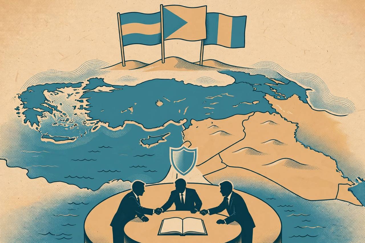 Editorial illustration of three generic flags over a stylised map of the Arabian Peninsula region, with generic silhouetted officials shaking hands at a signing table beneath a shield symbol