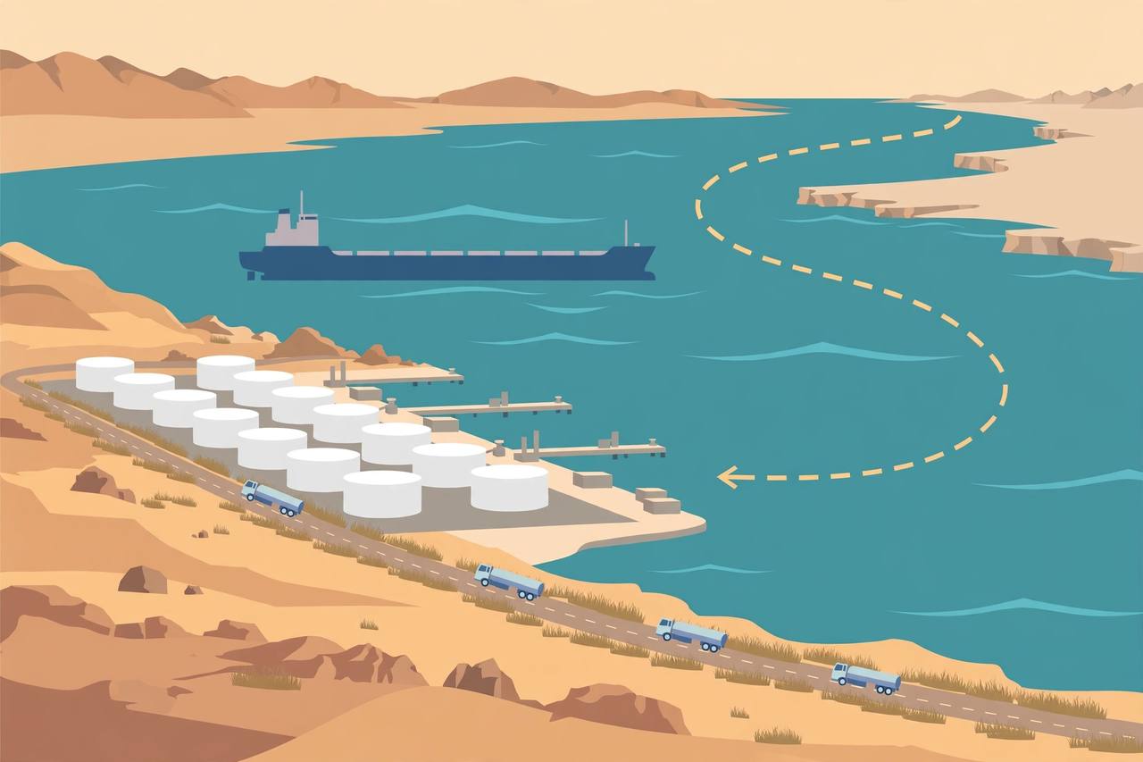 Oil storage tanks and a very large crude carrier at a planned Hub coastal complex in Balochistan, with LPG trucks on a coastal road. (Editorial illustration)