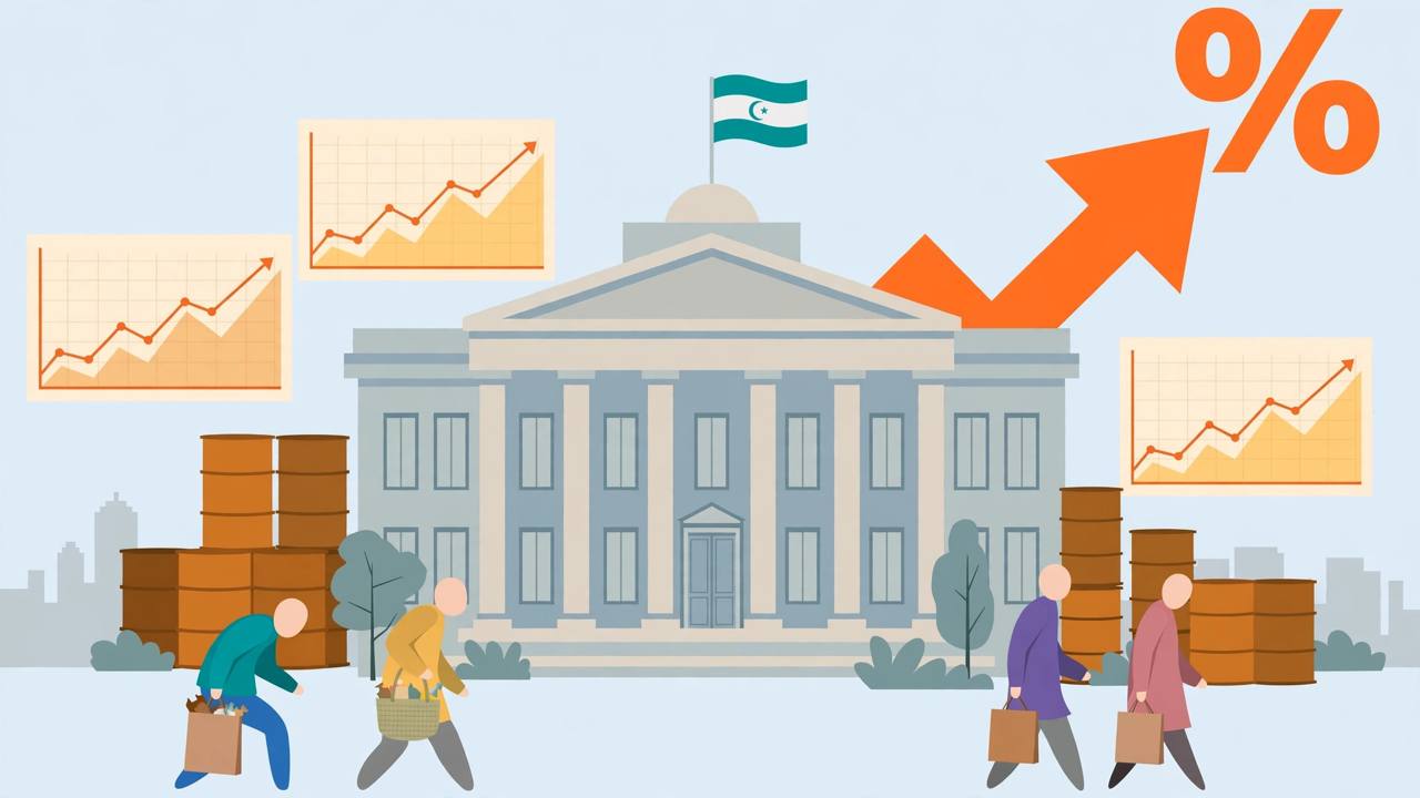 Central bank building, upward interest rate arrow and oil barrels, editorial illustration