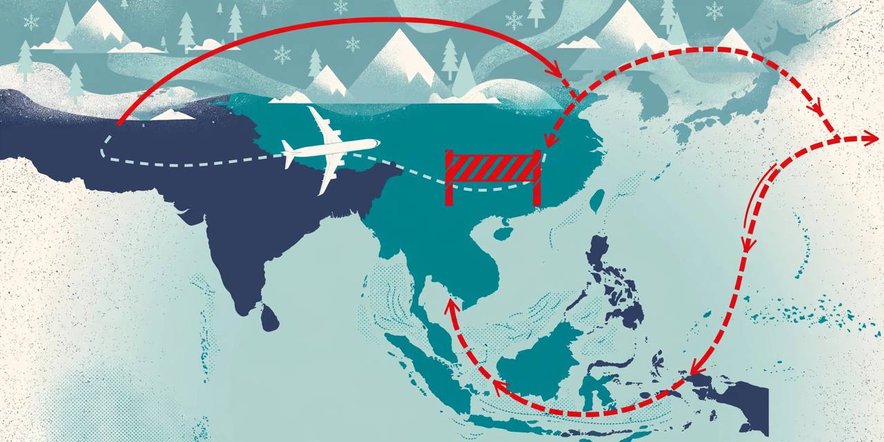 Editorial illustration of a generic passenger jet rerouting around blocked airspace over a stylised map of South and East Asia, with a northern arc over snowy land
