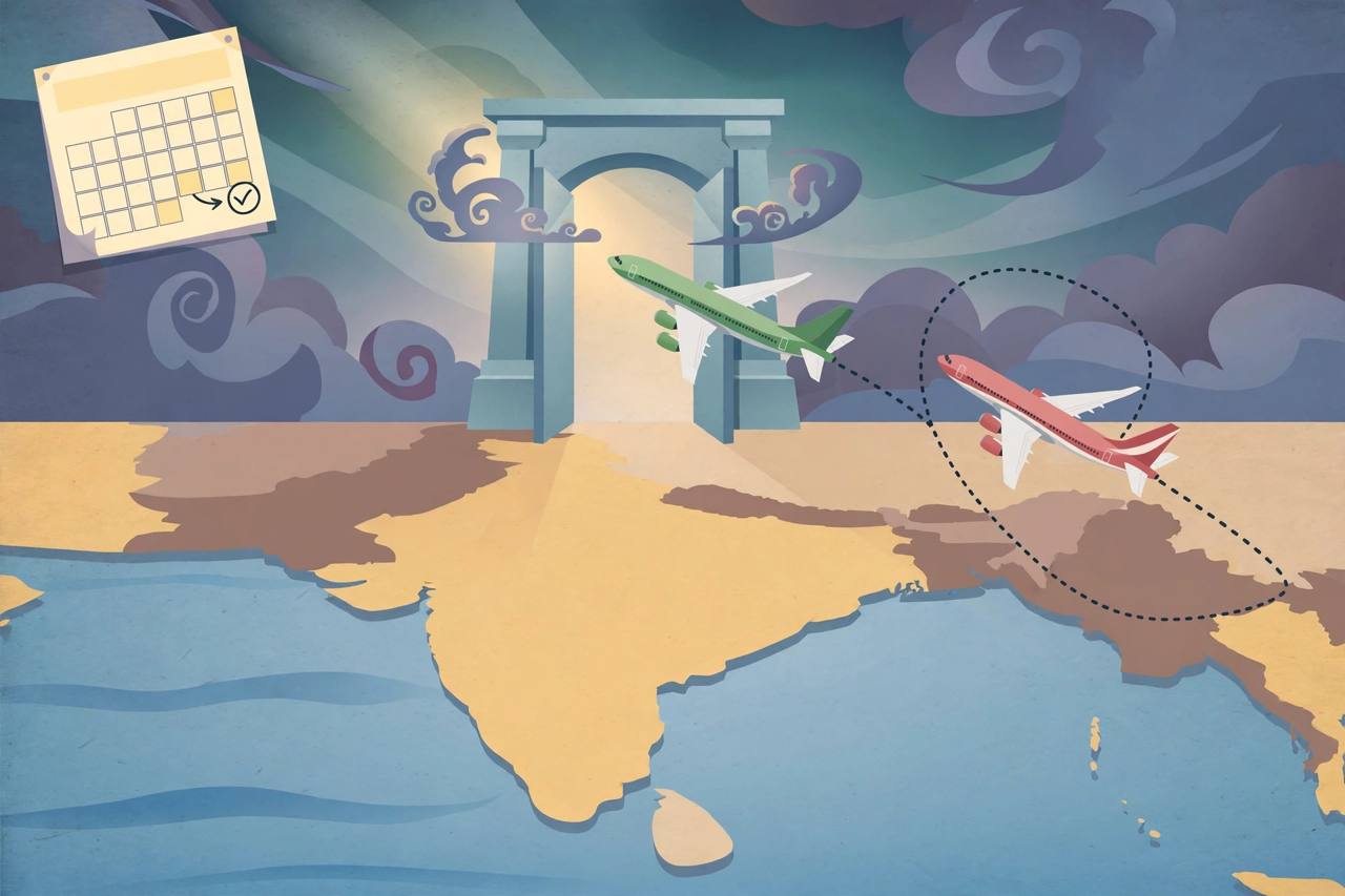 Editorial illustration of two passenger planes returning to a route over a stylised map of Pakistan toward Europe, generic figures only, no real person depicted