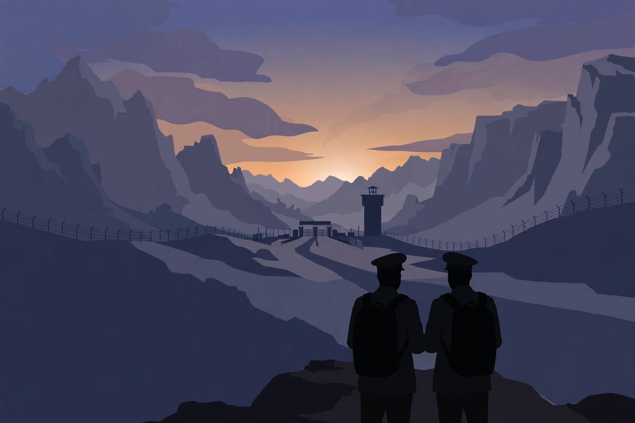 Editorial illustration of a mountain border pass between Pakistan and Afghanistan at dusk with a distant checkpoint and generic silhouetted officials seen from behind