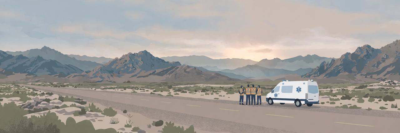 Flat editorial illustration of a desert highway in Balochistan at dawn with an ambulance and rescue workers standing respectfully beside the road — no crash or wreckage depicted, generic figures only