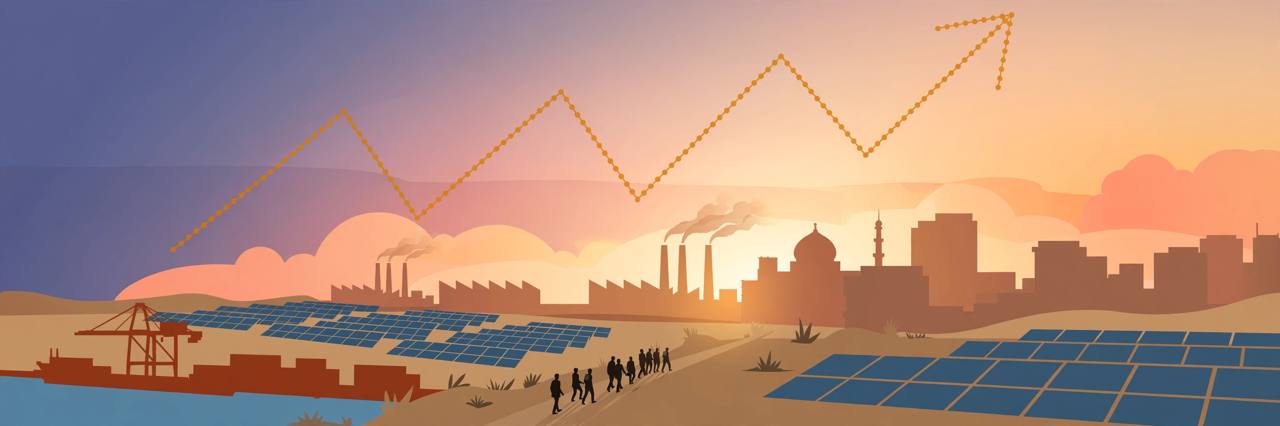 Editorial illustration of a generic South Asian city at dawn with factories, solar panels, a port crane and a rising arrow — no real place, person or incident depicted