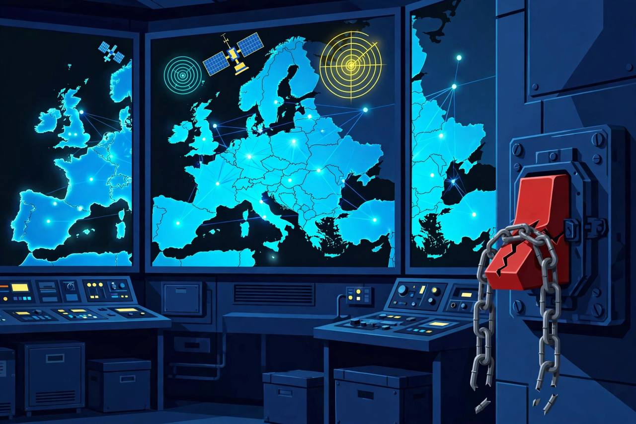 Editorial illustration of a generic military command room with glowing battlefield map screens and a power switch with a broken chain, flat style, no text, no real person's face or likeness