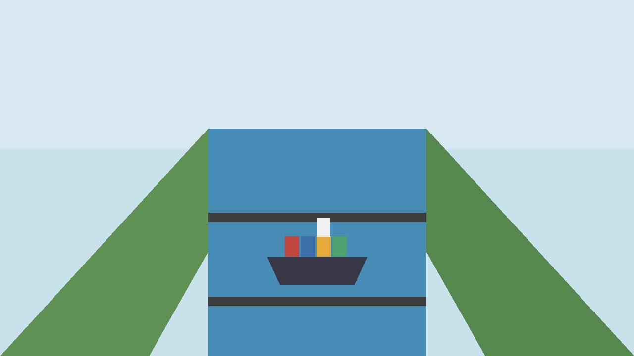 Editorial illustration of a generic cargo ship passing through a canal lock between green banks — flat style, no person depicted