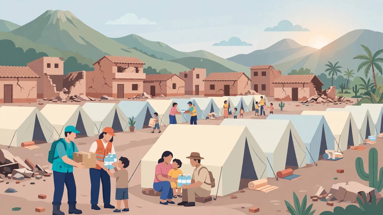 Editorial illustration of relief workers handing aid to families beside temporary shelter tents after an earthquake in Panama
