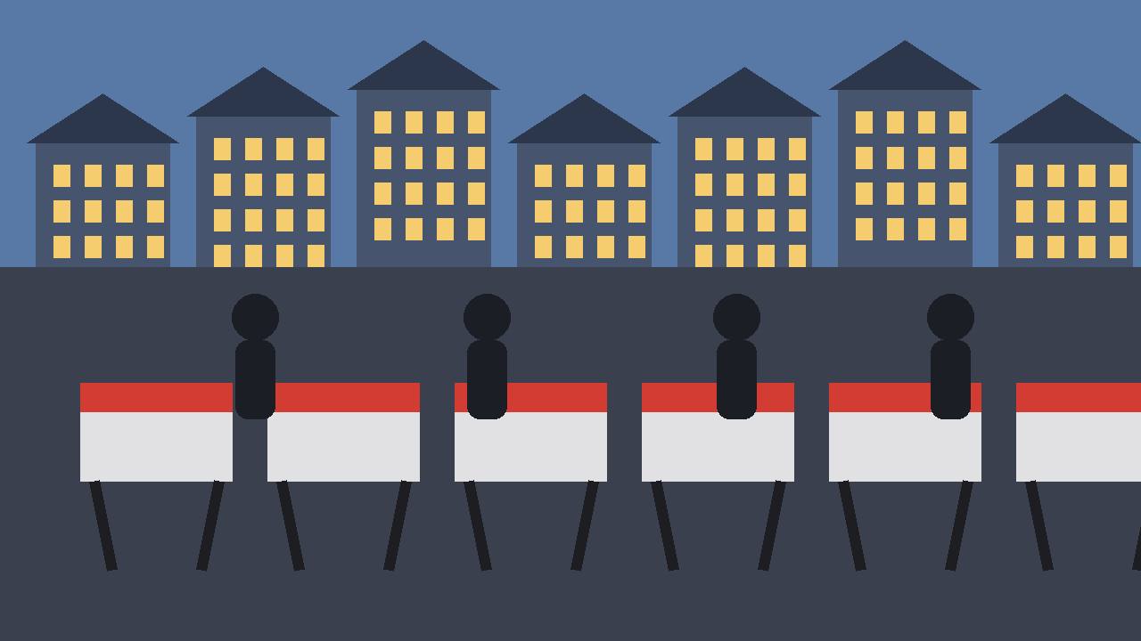Editorial illustration of generic figures behind protest barriers in a city square with rooftops, flat style, no text, no real person's face or likeness