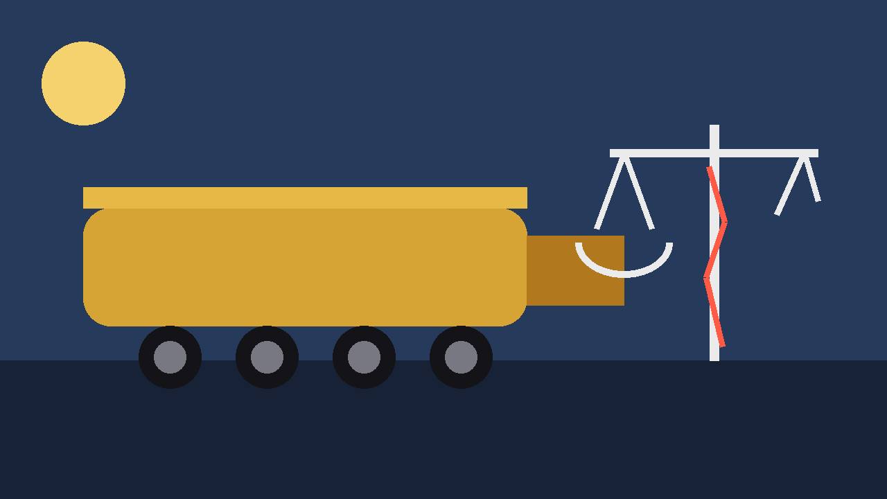 Editorial illustration of a generic fuel tanker beside a cracked balance scale, flat style, no text, no real person's face or likeness