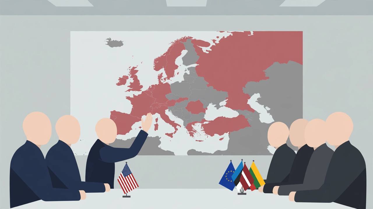 Editorial illustration of US and European officials seated across a conference table with US, EU and Baltic flags, in front of a map of Europe and Russia