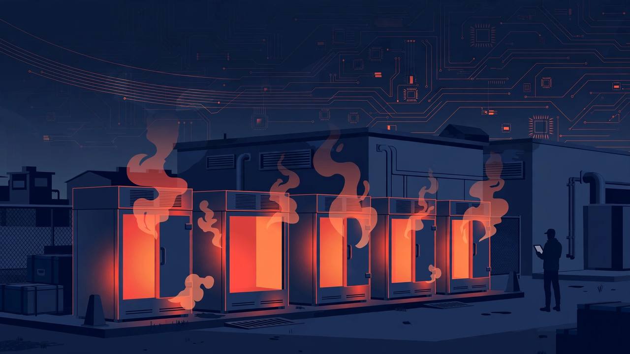 Editorial illustration of overheating industrial freezer units glowing orange at night at a military base, with circuit patterns in the sky and a silhouetted investigator